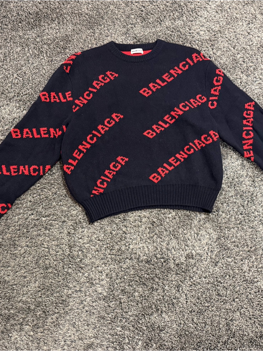 Balenciaga Womens Navy Crewneck Sweater with Red Trim